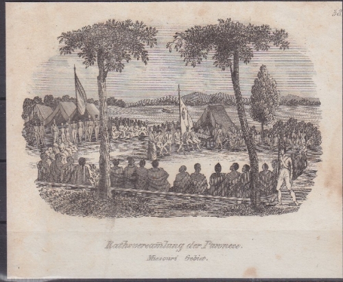 USA - Rathsversammlung der Pawnees Missouri Gebiet, Original-Stich 19. Jhdt.,