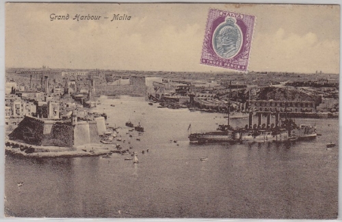 Malta - Grand Harbour m. Kriegsschiff, sw-AK, ungelaufen ca. 1910/15