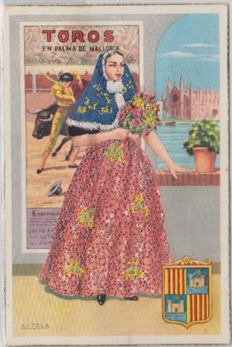 Spanien - Textilkarte Tracht, gelaufen v. mallorca 1959