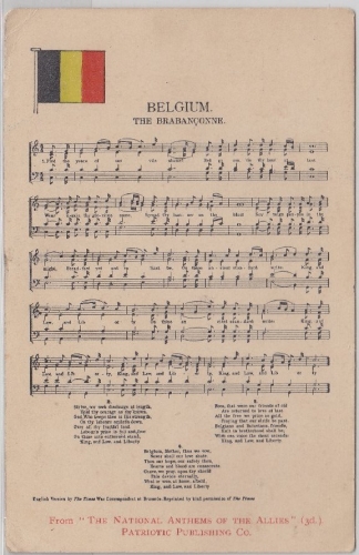 Belgien - The Brabanconne (belg. Nationalhymne), Musik-AK m. Flagge - gelaufen