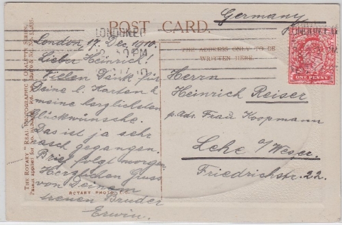England - 1 P. Perfin/Firmenlochung (HR&Co) Karte London - Lehe 1910