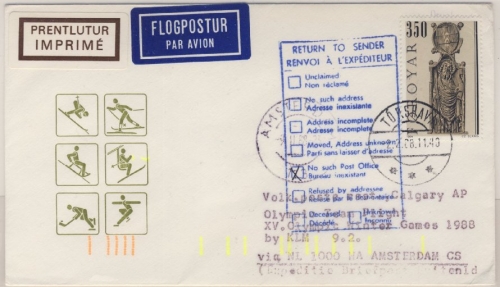 Olympiade 1988 - Färöer Zuleitungspost KLM-Sonderflug Olympic Team Amsterdam -