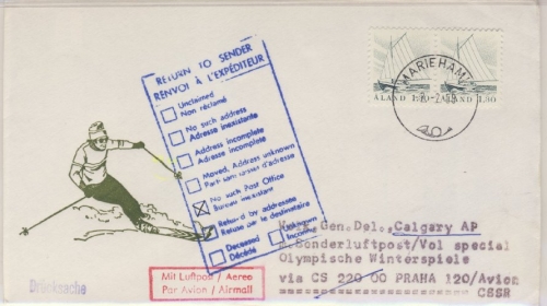 Olympiade 1988 - Aland - Zuleitungspost CSA-Sonderflug Prag - Calgary