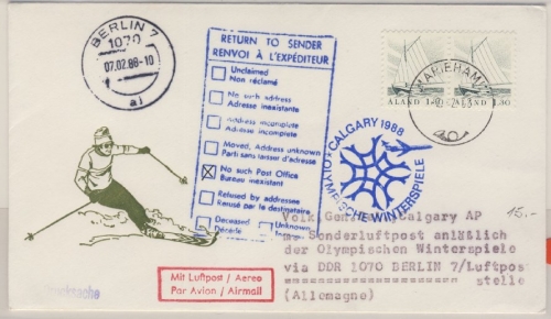 Olympiade 1988 - Aland - Zuleitungspost Interflug-Sonderflug Berlin - Calgary