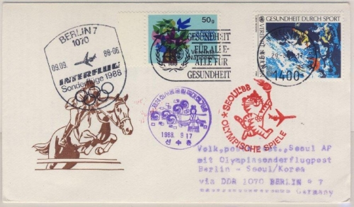 Olympiade 1988 - UNO Wien - Zuleitungspost Interflug-Sonderflug Berlin - Seoul