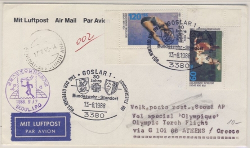 Olympiade 1988 - BRD - Zuleitungspost Sonderflug Olympic Torch Flight Athen -