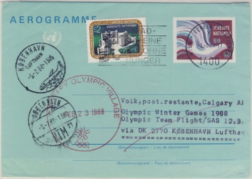 Olympiade 1984 - UNO Wien 9 S. GA-Aerogramme Zuleitung/SAS-Sonderflugpost