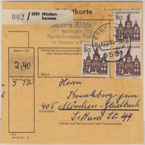 BRD - 3x80 Pfg. Bauwerke I Paketkarte Niederhausen - Mönchengladbach 1966