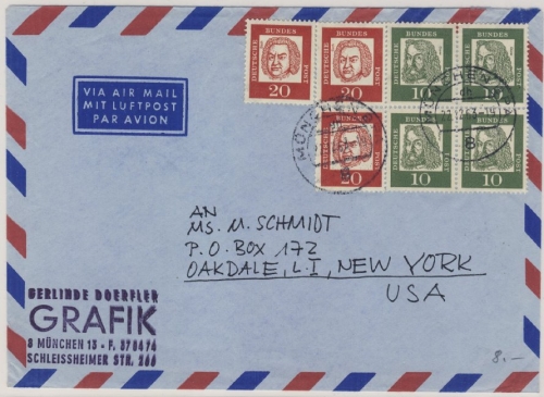 BRD - 10 Pfg. Dürer (4er-Bl.) + 3x20 Pfg. Bach y-Papier Luftpostbrief n. USA