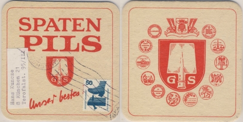 BRD - 50 Pfg. Unfallverhütung Bierdeckel (Spaten Pils) als "Ortsbrief"