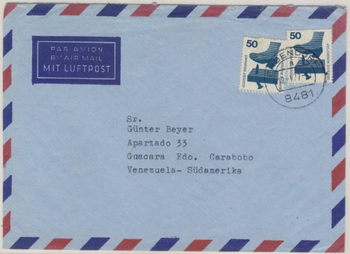 BRD - 2x50 Pfg. Unfallverhütung Luftpostbrief n. VENEZUELA Erbendorf 1977 n.