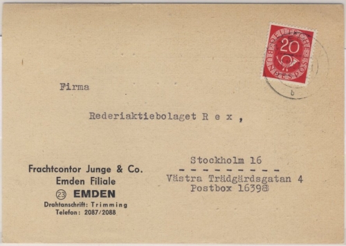 BRD - 20 Pfg. Posthorn Karte n. SCHWEDEN, Emden - Stockholm 1951