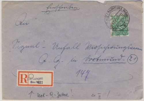 Bizone - 84 Pfg. Arbeiter/Netz Einschreibebrief Langen - Dortmund 19.7.48