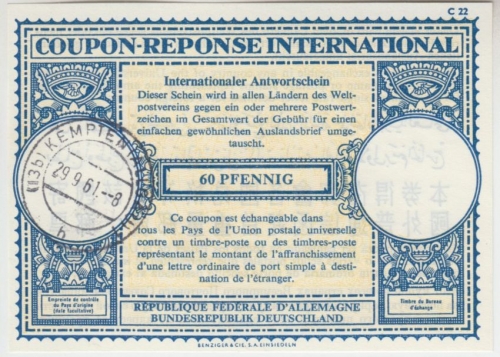 BRD - 60 Pfg. Internatinaler Antwortschein IAS Londoner Muster Kempten 1961