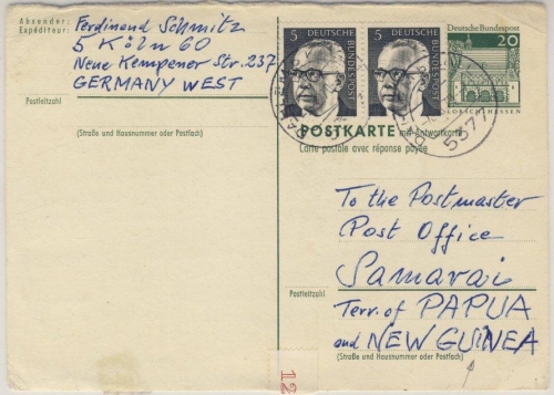 BRD - 20 Pfg. Bauwerke Antwort-GA/F-Teil + Zusatz n. PAPUA NEUGUINEA Dahlem 1970