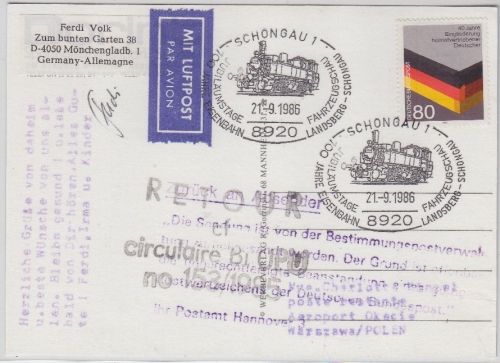 BRD/Postkrieg - 80 Pfg. Heimatvertriebene LupoKarte n. POLEN SST Schongau 1986