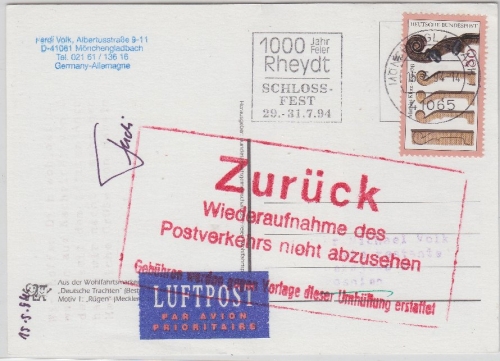 BRD/Postsperre - Karte n. BOSNIEN Mönchengladbach Sarajevo 1994 roter Zurück-Ra4