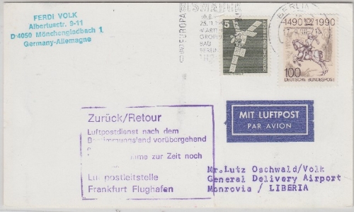 BRD/Postsperre - Karte n. LIBERIA Berlin - Monrovia 1990 - violetter Retour Ra8