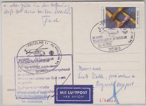 BRD/Postsperre - Karte n. LIBANON SST 25 J. Heeresflieger Fritzlar Beyrouth 1982