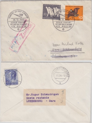 BRD/Postkrieg - 20 Pfg. 20 J. Vertreibung LH-1st-Flug Frankfurt Dar Es Salam