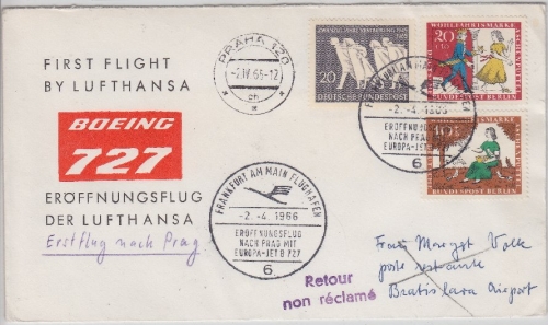 BRD/Postkrieg - 20 Pfg. 20 J. Vertreibung LH-1st-Flug Frankfurt - Prag 1966