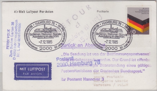 BRD/Postkrieg - 80 Pfg. Heimatvertriebene a. LupoKte. n. POLEN SST Hamburg 1985