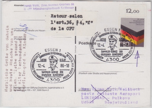 BRD/Postkrieg - 80 Pfg. Heimatvertriebene LupoKte. i.d. UdSSR SST Essen 1986