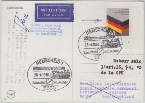 BRD/Postkrieg - 80 Pfg. Heimatvertriebene LupoKte. i.d. UdSSR SST Remscheid 1986