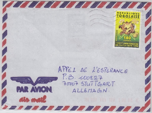 Togo - 180 F. 120 Jahre UPU Einzelfrankatur Luftpostbrief Lome - Stuttgart 1994