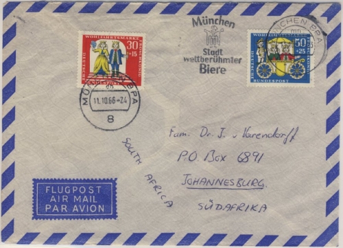BRD - 50+30 Pfg. Wofa (Froschkönig) Luftpostbrief n. SÜDAFRIKA München 1966
