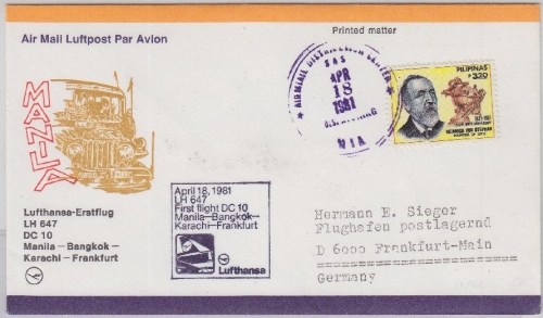 Philippinen - 3,20 P. 150. Geb. Stephan/UPU LH-1st-Flug-Bf. Manila - FFM 1981