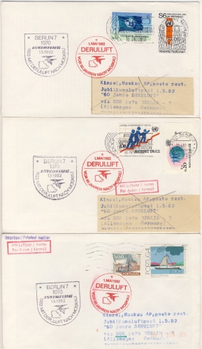DDR - Interflug 1982, 1st-Flug Berlin-Moskau, Direktpost + 6 Zuleitungen