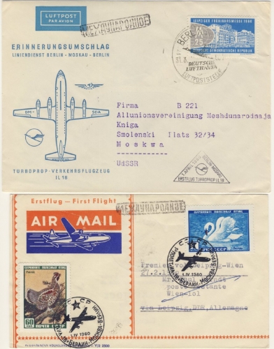 DDR - Dt. Lufthansa/DDR 1960 Erstflug Berlin-Moskau u. retour 2 Schmuckkuverts