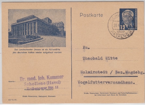DDR - Schollene ü. Rathenow Poststelle I Bildganzsache n. Wolmirstedt 1952