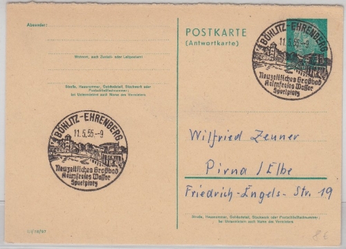 DDR - Böhlitz-Ehrenberg 1955 Handwerbestpl. 10 Pfg. Pieck Antwort-GA/A-Teil