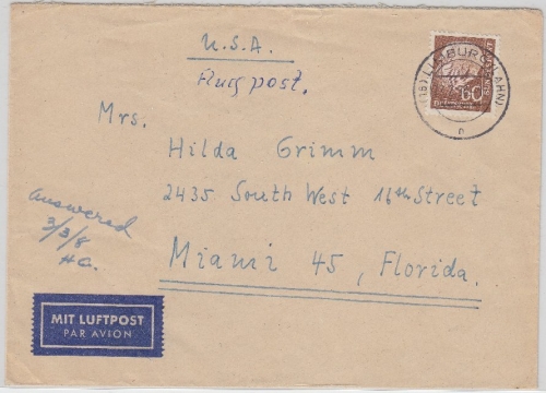 BRD - 60 Pfg. Heuss II Luftpostbrief n. USA, Limburg - Miami 1958