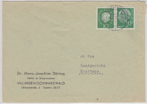 BRD - 10 Pfg. Heuss I (x) + 10 Pfg. Heuss Med. Brief Villingen - Konstanz 1959