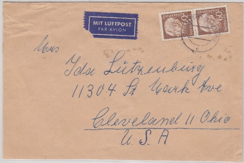 BRD - 2x60 Pfg. Heuss II Luftpostbrief n. USA, Basbeck - Cleveland 1959