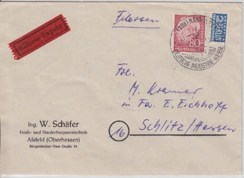 BRD - 80 Pfg. Heuss I Eilbrief Alsfeld Schlitz 1955 rs. Durchgangs-/Minutenstpl.