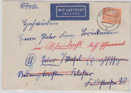 Berlin - 25 Pfg Bauten I Luftpostbrief Spandau - Trier weiter n. Rheinbrohl 1950
