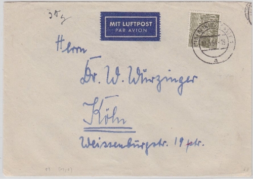Berlin - 50 Pfg. Bauten I Luftpostbrief 2.Gewichtsstufe Halensee - Köln 1954