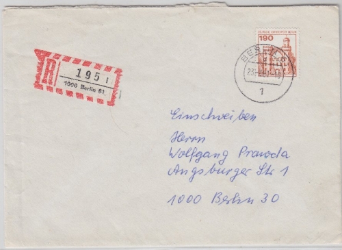 Berlin - 190 Pfg. Burgen & Schlösser Ortsbrief Einschreiben Berlin 61 1981