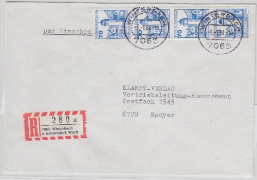 BRD - 70 Pfg. B&S 4er-Str. Einschreibebrief Winterbach b. Schorndorf Speyer 1984
