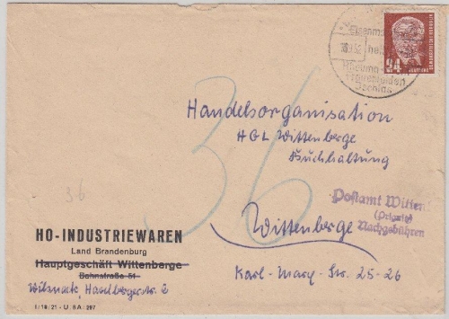 DDR - "Postamt Wittenberge Nachgebühren" viol. L3, 36 Pfg. Nachporto Brief 1952