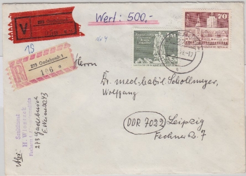 DDR - 1 M. + 70 Pfg. Aufbau Wertbrief Gadebusch - Leipzig 1978