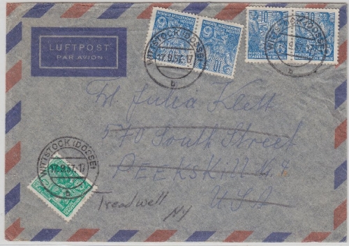 DDR - 4x10 + 5 Pfg. 5-Jahrespaln Luftpostbrief n. USA Wittstock - Treadwell 1958