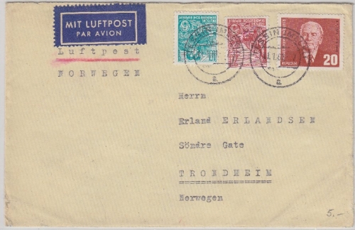 DDR - 20+10 Pfg. 5-J-Plan u.a. Luftpostbrief n. NORWEGEN Tessin - Trondheim 1961