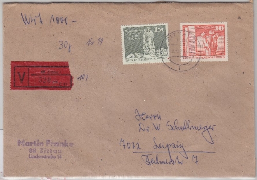 DDR - 1 M. + 30 Pfg. Aufbau Wertbrief Zittau - Leipzig 1978