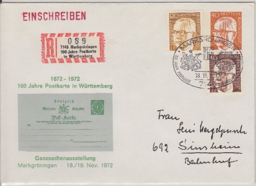 BRD - 40 Pfg. Heinemann Privat-GU + Zusatz Einschreibebrief Sonder-R-Zettel