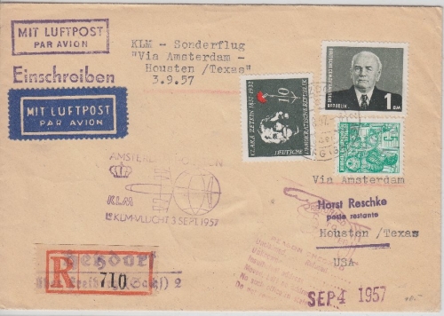 DDR - Zuleitungspost KLM-1st-Flug Amsterdam - Houston 1957 Lupo-Einschreibebrief